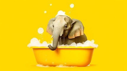 An adorable elephant enjoys a soothing bath, immersed in bubbles - obrazy, fototapety, plakaty