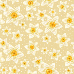 Spring seamless pattern of white daffodils, on a gentle background, dots, postcard, banner for design and decor, wallpaper, illustration for dicoupage, spring flowers, minimalism