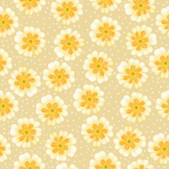 White primrose flowers, on a delicate peach background, seamless pattern, white dots, spring banner, illustration for decor design, floral print for print, textile, print