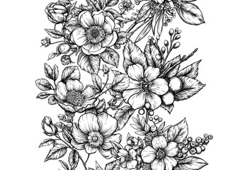 Blooming tree rose, rose flowers on branches. with sparrow, finches, butterflies, dragonflies. Seamless pattern, background. Vector illustration. Chinoiserie, traditional oriental botanical motif.