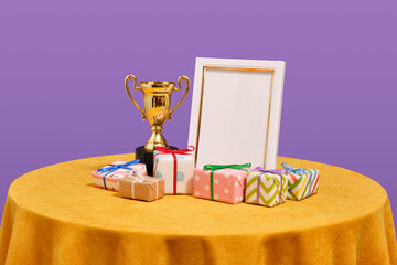 Award for victory, lots of colorful gifts and a photo frame. Creative congratulations on the victory.