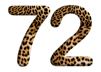 The shape of the number 72 is made of leopard fur or skin isolated on transparent background. Suitable for birthday, anniversary and Memorial Day templates