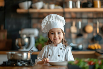 Happy little girl chef wearing chef hat and uniform with kitchen background