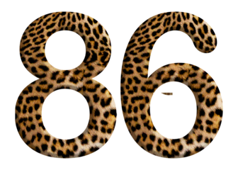 The shape of the number 86 is made of leopard fur or skin isolated on transparent background. Suitable for birthday, anniversary and Memorial Day templates