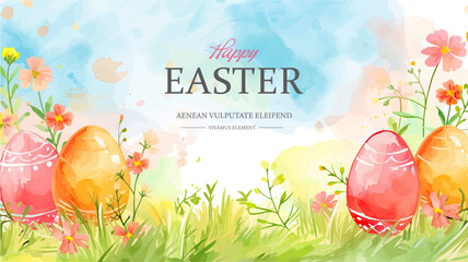 Easter basket with eggs and bunny decorated with flowers. Happy easter