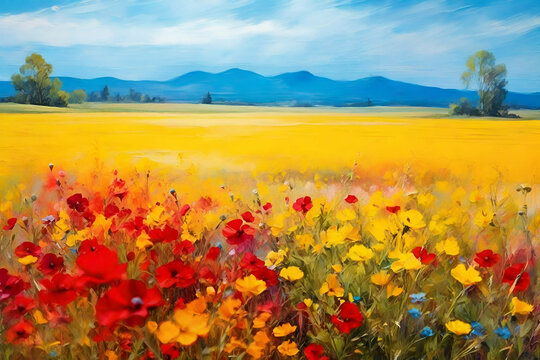Abstract colorful oil painting landscape background. Semi abstract image of wildflower and field. Yellow and red wildflowers at meadow with blue sky
