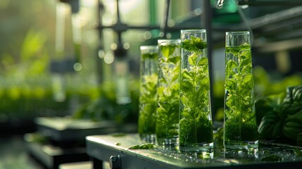 Engineers developing advanced biofuel from algae in a high-tech lab, showcasing the future of renewable energy