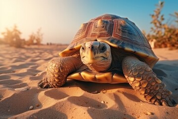 Gorgeous sea turtle relaxing on sandy beach at sunset in celebration of world turtle day