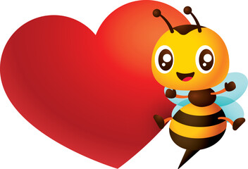 Cartoon cute honey bee with big love heart empty signboard character illustration
