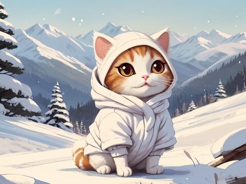 Cute cat wrapped in white warm clothes in winter in snowy mountains