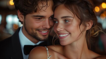 Young Couple Dressed in Formal Wedding Attire Enjoying a Celebration at a Restaurant