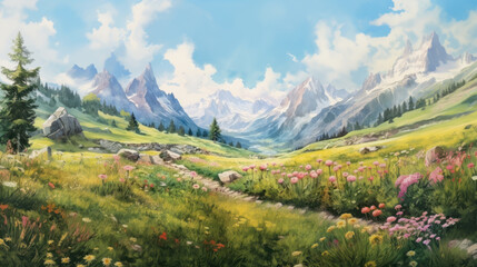 Blooming alpine meadow with mountain backdrop under soft clouds. Wall art wallpaper - 741323311