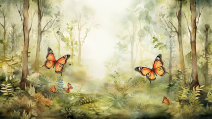 Watercolor forest scene with orange butterflies. Wall art wallpaper - 741323315