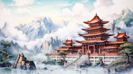 Traditional Buddhism temple amidst mountain mist. Wall art wallpaper - 741323322