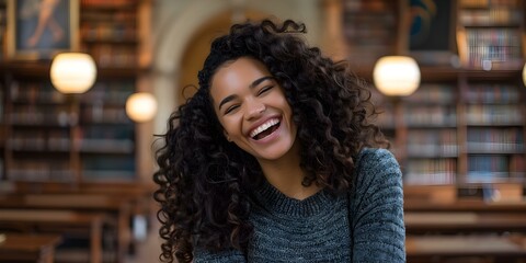 Happy student with curly hair poses in library showcasing joyful expression. Concept Portrait Photography, Library Setting, Curly Hair, Happy Expression, Student Pose