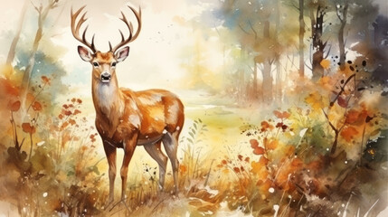Deer standing in a colorful forest watercolor painting. Wall art wallpaper - 741323330