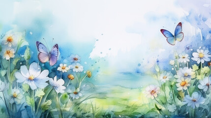 Fototapeta na wymiar Spring watercolor landscape with butterflies over flowers. Wall art wallpaper
