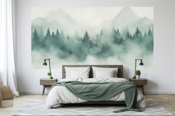 Serene bedroom interior with foggy forest watercolor wall art. Wall art wallpaper - 741323344