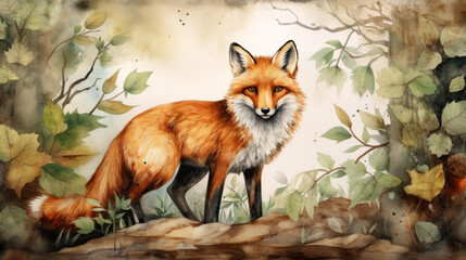 Watercolor artwork of a fox in natural forest environment. Wall art wallpaper - 741323351