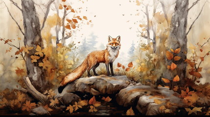 Elegant fox standing on a rock in a watercolor forest. Wall art wallpaper - 741323357
