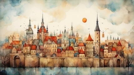 Watercolor vintage cityscape with cloudy sky and flying birds. Wall art wallpaper - 741323363