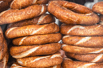 A close-up of traditional tasty Turkish bread semit withe sesame seeds sold everywhere across Turkey