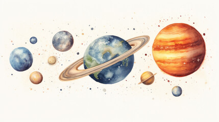 Artistic vintage depiction of planets in watercolor. Wall art wallpaper