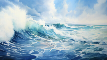 Dynamic ocean waves captured in watercolor art painting. Wall art wallpaper - 741323386