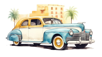 Vintage blue sedan car in tropical setting illustration. Wall art wallpaper