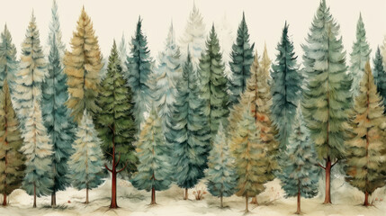 Vintage watercolor pine trees in winter landscape. Wall art wallpaper - 741323394