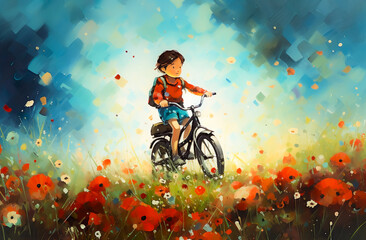 Abstract colorful painting of kid,child ride a bike at fantasy flower field.book cover background.and novel concepts.inspiration and imagination ideas