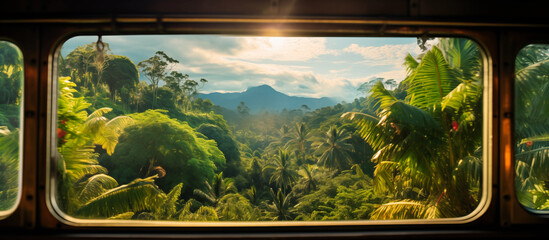 nature lanscape point of view from train window. vacation travel concept background - obrazy, fototapety, plakaty
