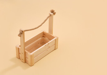 Empty wooden garden tool box. Copy space for text.