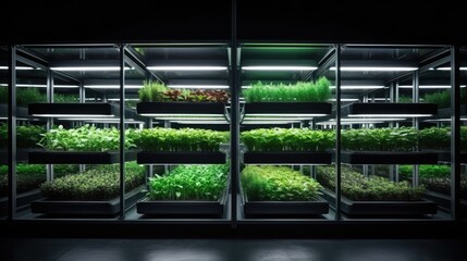 Large glass illuminated shelving with various micro greenery.