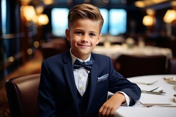 Portrait of a cute little boy in a suit sitting in a restaurant