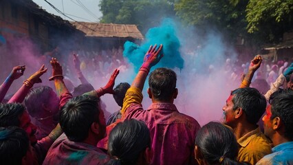 Hindu devotees celebrate Holi festival in India, Hindu festival.