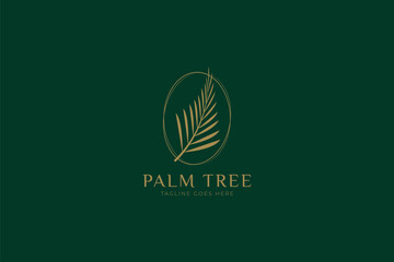 Palm Leaf Logo Natural Tropical Beauty Fashion Resort Brand Identity Gold Premium Luxury Concept - obrazy, fototapety, plakaty