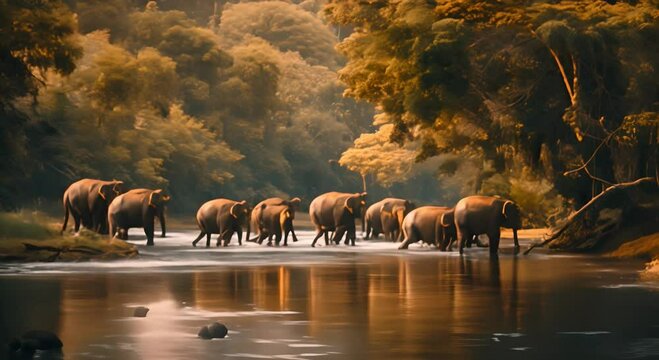 Herd of elephants bathing in the jungle river of Sri Lanka