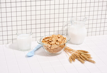 Oat flakes and milk. Idea of good nutrition and morning breakfast.