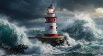 The Beacon of Courage: Lighthouse Enduring a Fierce Storm with Torrential Rain and Powerful Waves