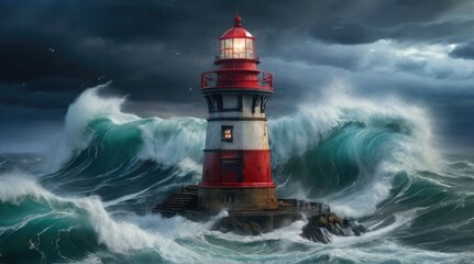 Obraz premium Tempest Triumph: Majestic Lighthouse Stands Tall Amidst a Furious Storm, Rain, and Roaring Waves