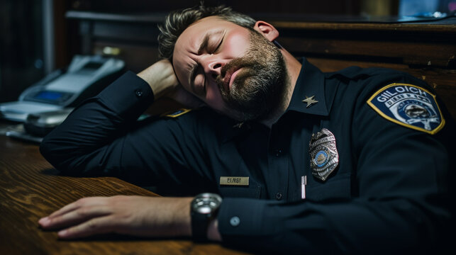 Exhausted police officer at work