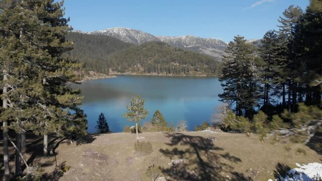 Drone view Aoos spring lake flying close to trees Mountain Peaks background