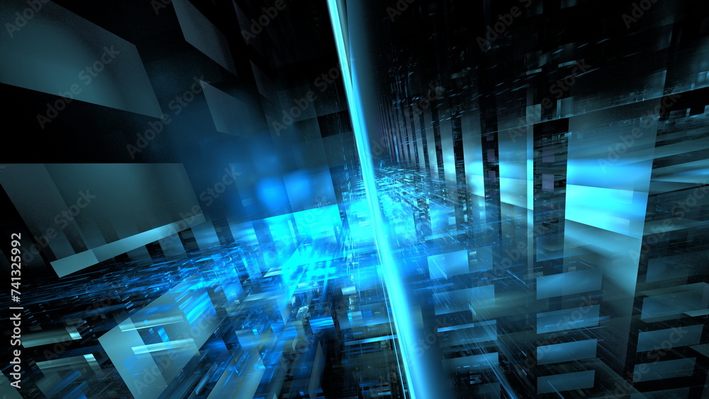 Poster neon blue lights converging in a digital corridor of data streams and abstract patterns. 3d render