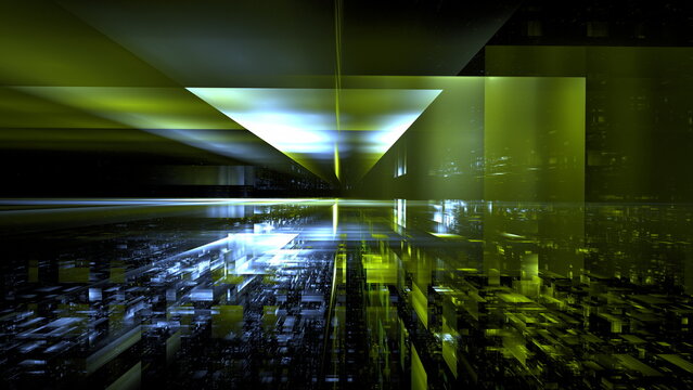 Futuristic corridor leading into a digital metropolis, symbolizing advanced technology progression. 3d render