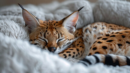 portrait of a serval is sleeping in fluffy blanket - obrazy, fototapety, plakaty