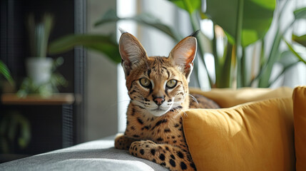 Serval on the sofa with pillow in a light apartment  with houseplants 