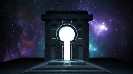 Ancient space gate portal to parallel world of universe. Cosmos galaxy stars, luminous glow...