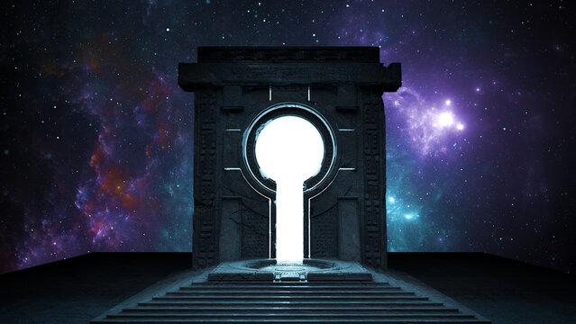 Ancient space gate portal to parallel world of universe. Cosmos galaxy stars, luminous glow gateway. 3d render