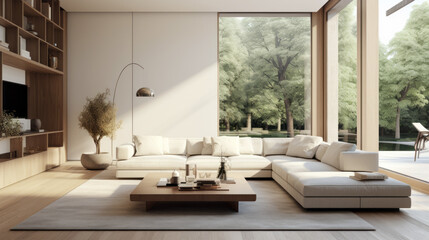 a large white open plan living room with natural light and trees outside